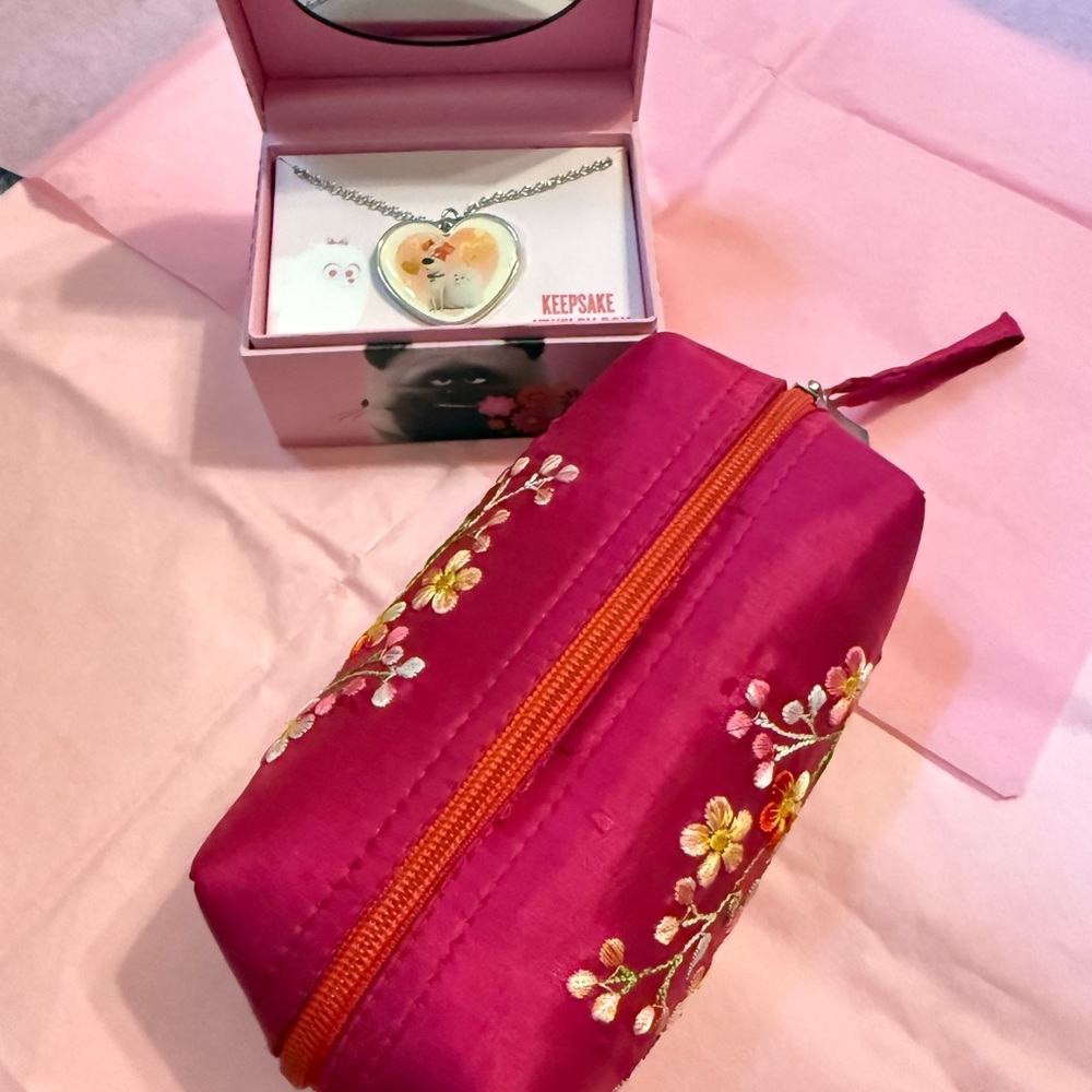 Embroidered Pink Floral Zip Pouch - Women Bags